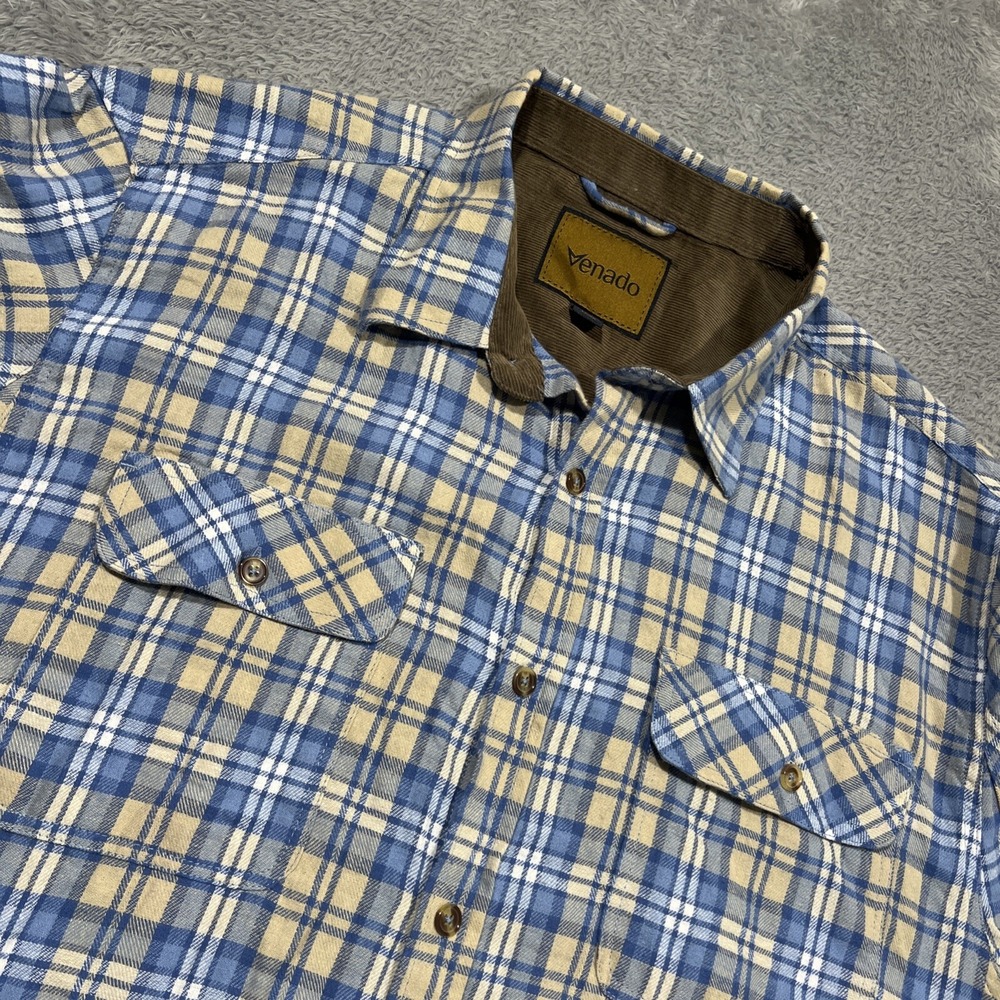 Venado Flannel Shirt Blue Plaid Corduroy Collar Work Cowboy Western Men's XL